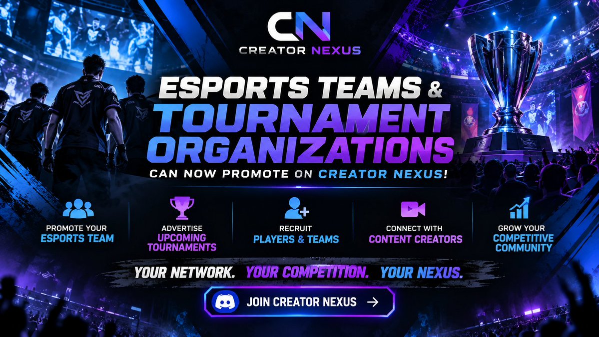 CreatorNexusHub's tweet photo. 🎮 ESPORTS TEAMS & TOURNAMENT ORGANIZATIONS! 🏆

Creator Nexus is opening its doors to the competitive gaming community!

✅ Promote your Esports Team
✅ Advertise Upcoming Tournaments
✅ Recruit Players & Teams
✅ Connect with Content Creators
✅ Grow Your Competitive Community

🚀 Your Network. Your Competition. Your Nexus.

🔗 Join Creator Nexus: https://t.co/MsiMTWV8Ly

#CreatorNexus #Esports #Gaming #Tournaments