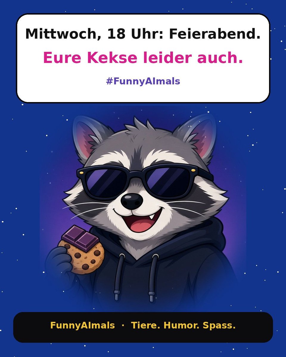Cod3Artstudio's tweet photo. Mittwoch, 18 Uhr: Feierabend.
Eure Kekse leider auch.

Wer hat heute Abend auch schon was vom Teller der anderen stibitzt?

#FunnyAImals #TierMeme #AIMeme #Waschbär https://t.co/dQPocLrTL7