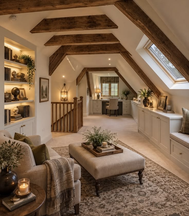 aurearch's tweet photo. Solid wood beams, bookcases with hidden lighting, and the serenity of a perfect autumn evening. https://t.co/8no2DF4MU2