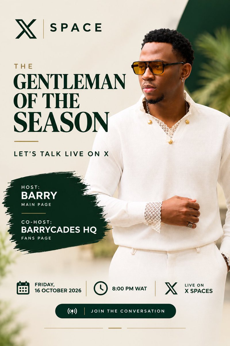 Barry_yornwin's tweet photo. Barrycades, my people! 🥹❤️

Let’s catch up, gist, and have a proper conversation this Friday on X Space!
I want to hear from you all, so come with your questions and let’s have some fun together. 🫶🏽

📅 Friday, 16 October
⏰ 8PM WAT

See you there, BARRYCADES ⚡️ https://t.co/PKGPnKKgzP