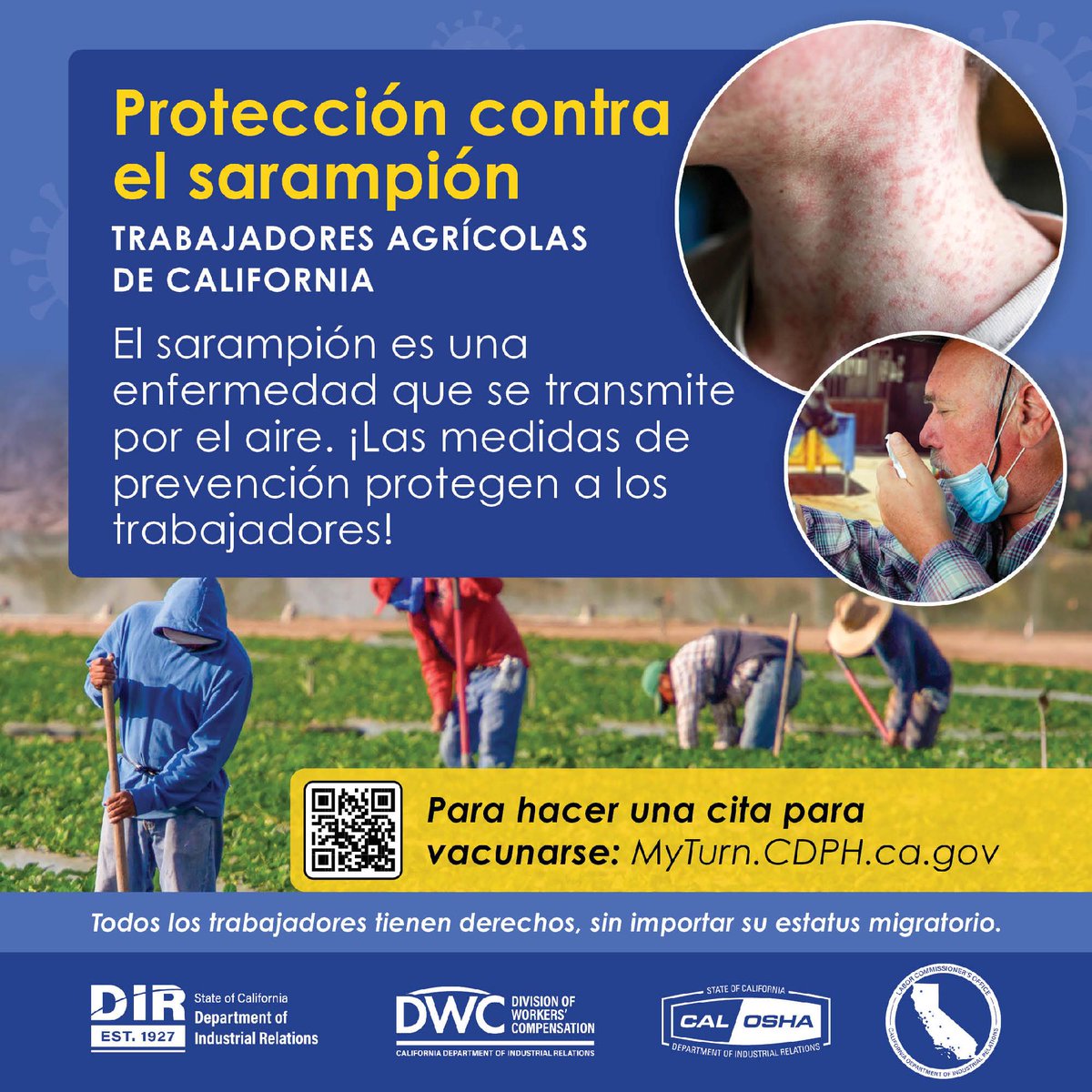 CA_DIR's tweet photo. El sarampión es una enfermedad prevenible que se transmite por el aire.

Los trabajadores agrícolas están expuestos y deben conocer los signos para proteger su salud.

Para programar una cita de vacunación: https://t.co/0OkDwMtj49

Más información: https://t.co/1kB4mGkCW4 https://t.co/M0FrbuPzaD