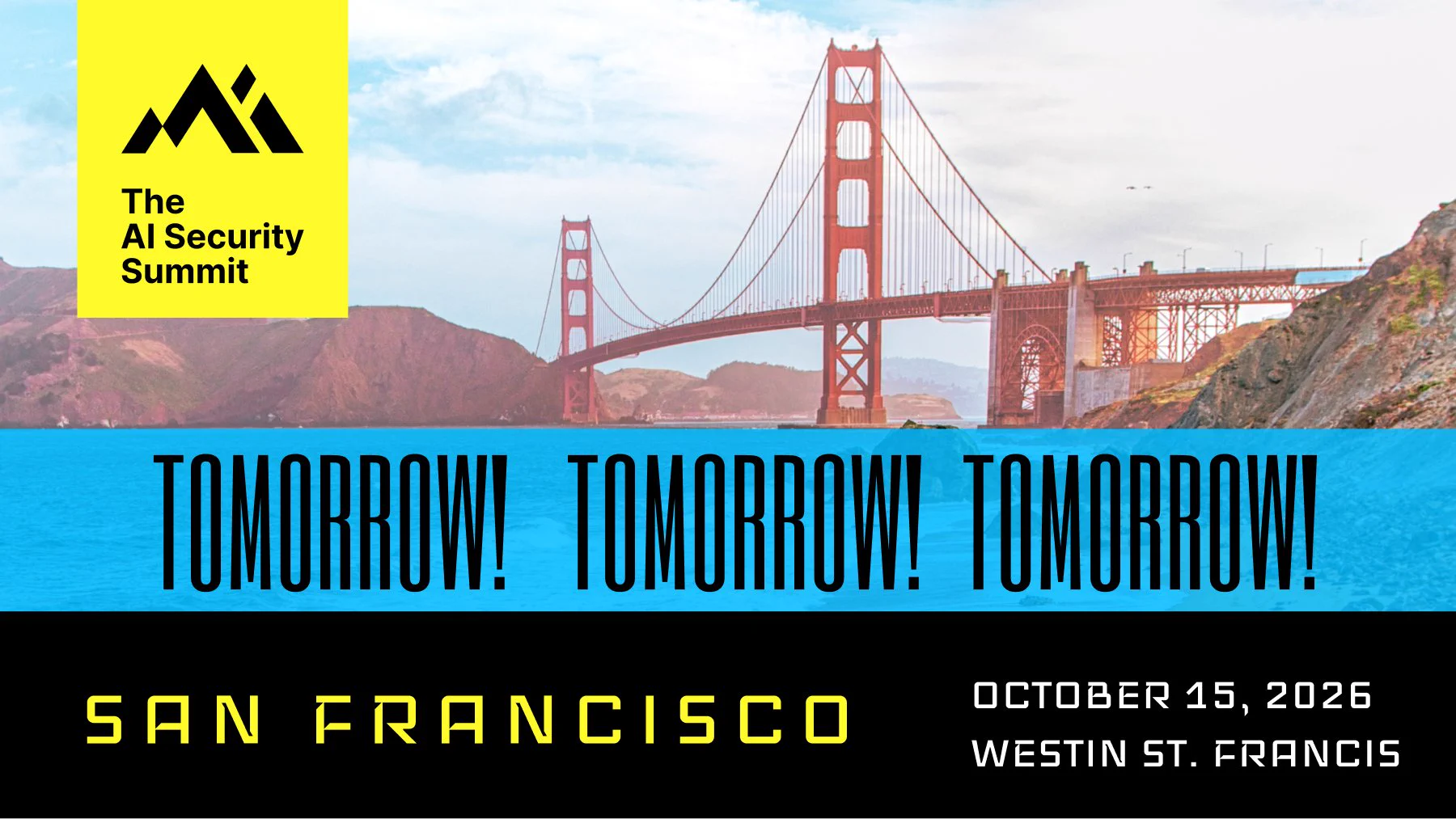 Golden Gate Bridge with AI Security Summit details for October 15, 2026.