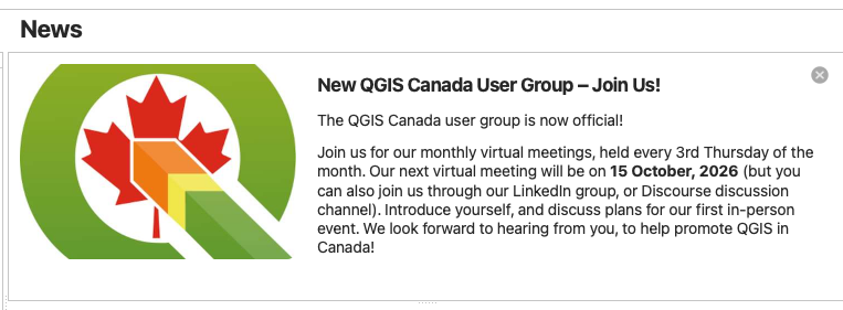 mapserving's tweet photo. For 🇨🇦 QGIS users: you will notice a news item on your dashboard today, when you start QGIS (!).  Thanks to the https://t.co/7oJd34qlHL team for their help in publishing this. (the news item will appear a little differently if you use QGIS 4 versus QGIS 3, but the message gets across great either way!) #foss4g #family