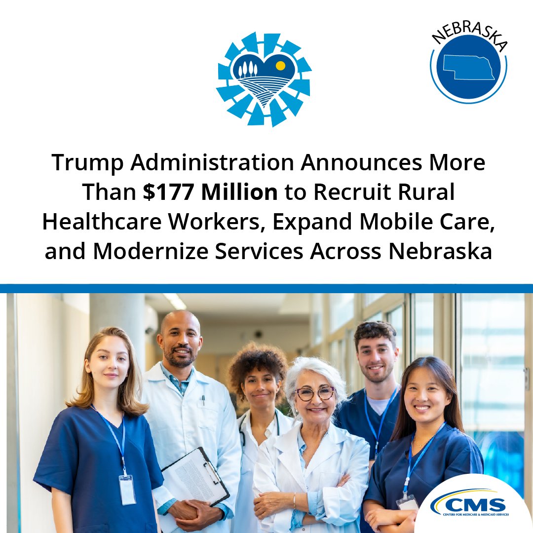 CMSGov's tweet photo. The Trump Administration announced more than $177 million in Rural Health Transformation Program funding to strengthen rural healthcare delivery across Nebraska. This investment will expand access to care, support healthcare workforce development, and modernize rural healthcare technology. More: https://t.co/c9aQhxA5My