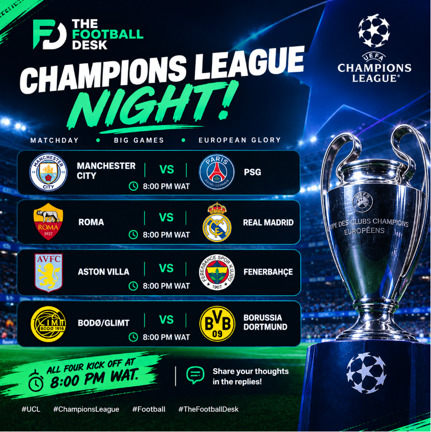 Football_DeskHQ's tweet photo. 🌍 CHAMPIONS LEAGUE NIGHT! 🌟⚽

🔥 Which fixture are you most excited about?

And give us your boldest prediction! 👇

#UCL #ChampionsLeague #Football #TheFootballDesk https://t.co/FfH3hzmDoL