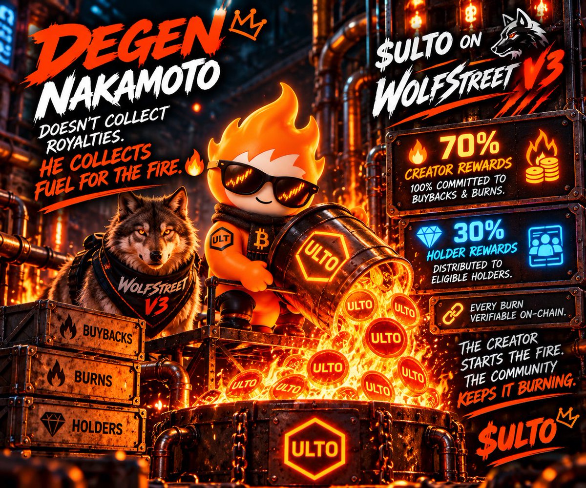 ultocro's tweet photo. Degen Nakamoto doesn't collect royalties. He collects fuel for the fire. 🔥

$ULTO on Wolfstreet V3 🐺 @wolfswapdotapp 

🔥 70% Creator Rewards — 100% committed to buybacks & burns.
💎 30% Holder Rewards — Distributed to eligible holders.

Every burn verifiable on-chain.

The creator starts the fire. The community keeps it burning. 🟠 🔥