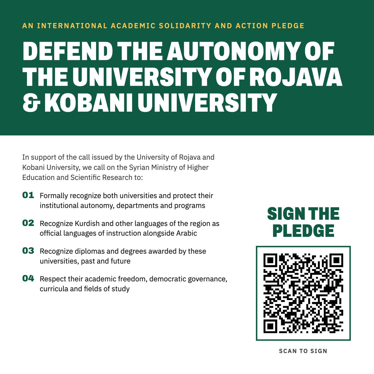 ScholarsRojava's tweet photo. The Global Scholars’ Network for Rojava Universities has launched an International Academic Solidarity and Action Pledge to endorse University of Rojava and Kobanî University's demands and encourage concrete forms of academic support. Here is the link:
https://t.co/zR6GgzZWNL https://t.co/DC7iaXnu7z