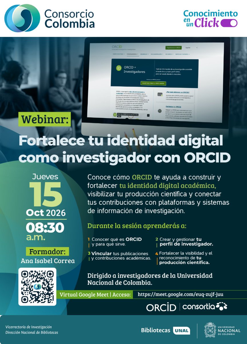 dirsinab's tweet photo. 📢 ¡Fortalece tu identidad como investigador con ORCID! 🔬

Aprende a gestionar tu perfil de investigador y a visibilizar tu producción científica.

📅 15 de octubre
🕒 8:30 a.m.
📍    Meet

¡Te esperamos para seguir impulsando la visibilidad y el impacto de tu investigación! 💚 https://t.co/bEYzJLVIv0