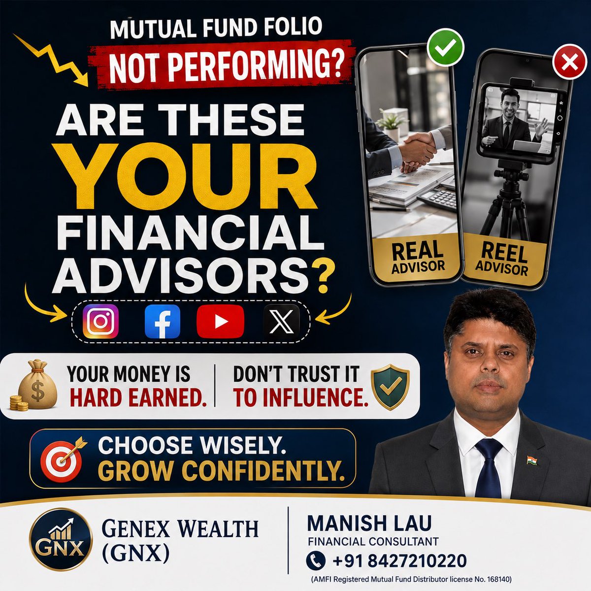 LauManish's tweet photo. 📉 Mutual Fund folio not performing? Ask yourself: Are these Reel Advisors or your trusted Financial Advisors?
🚫 Don’t follow blindly. Choose wisely!
Your money is hard-earned. Choose guidance over hype! 💼
Genex Wealth (GNX) | Manish Lau
#GenexWealth #MutualFunds https://t.co/apRQeVUJwk
