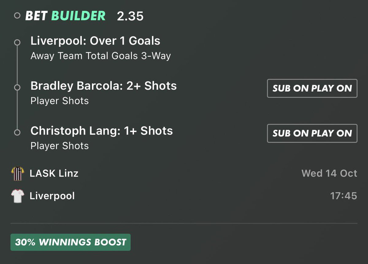 FulTimeFortune's tweet photo. 🇦🇹 LASK Linz vs Liverpool 🏴󠁧󠁢󠁥󠁮󠁧󠁿

🎯 BET BUILDER @ 2.35

Liverpool — Over 1 Goals
Bradley Barcola — 2+ Shots
Christoph Lang — 1+ Shots

Liverpool scored 3 and 4 goals across their two previous meetings with LASK, averaging 3.5 per game. That’s a strong historical return for the team goals market, although Liverpool’s recent results have been mixed and their attacking absences are worth considering.

Barcola’s 2+ shots line is the one that needs closer attention. His recent sample has been modest, averaging around 1.2 shots per appearance across his last five listed matches. His attacking role gives him opportunities to get involved, but he’ll need to increase that volume to clear the line.

Lang’s 1+ shot has the stronger statistical foundation. He’s averaging 2.0 shots per game in the Austrian Bundesliga this season and has registered at least one shot in all seven listed league appearances. His regular involvement in LASK’s attack gives this selection a reasonable route to landing.

🇳🇱 Feyenoord vs Como 🇮🇹

🎯 BET BUILDER @ 2.15 +25% winnings boost with bet365

Anis Hadj Moussa — 2+ Shots
Assane Diao — 2+ Shots
Both Teams to Receive a Card

Hadj Moussa is the standout from a shot-volume perspective. He averaged around 2.72 shots per 90 last season, rising to approximately 3.15 this campaign. He’s hit 2+ shots in each of his last five matches, recording 3, 3, 4, 2 and 4 attempts. Operating out wide in Feyenoord’s attacking system gives him opportunities to cut inside and get shots away.

Diao is the other player to watch. His role in Como’s attack gives him opportunities to get involved in the final third, and he’s already contributed goals this season. The key is whether he gets enough minutes and attacking involvement to reach two attempts. The available data doesn’t establish a reliable recent hit rate, so this is the less certain of the two player selections.

The card market adds another angle. Feyenoord’s high-intensity pressing can lead to tactical fouls when opponents break through, while Como’s possession-based approach could create plenty of competitive duels. The pre-match referee data lists an average of 4.6 yellow cards per match, which supports the possibility of bookings, although both teams need to receive at least one.

Let’s see if this land 🎯🔥

Follow @FulTimeFortune for more bet builders, stats & picks ⚽️📊