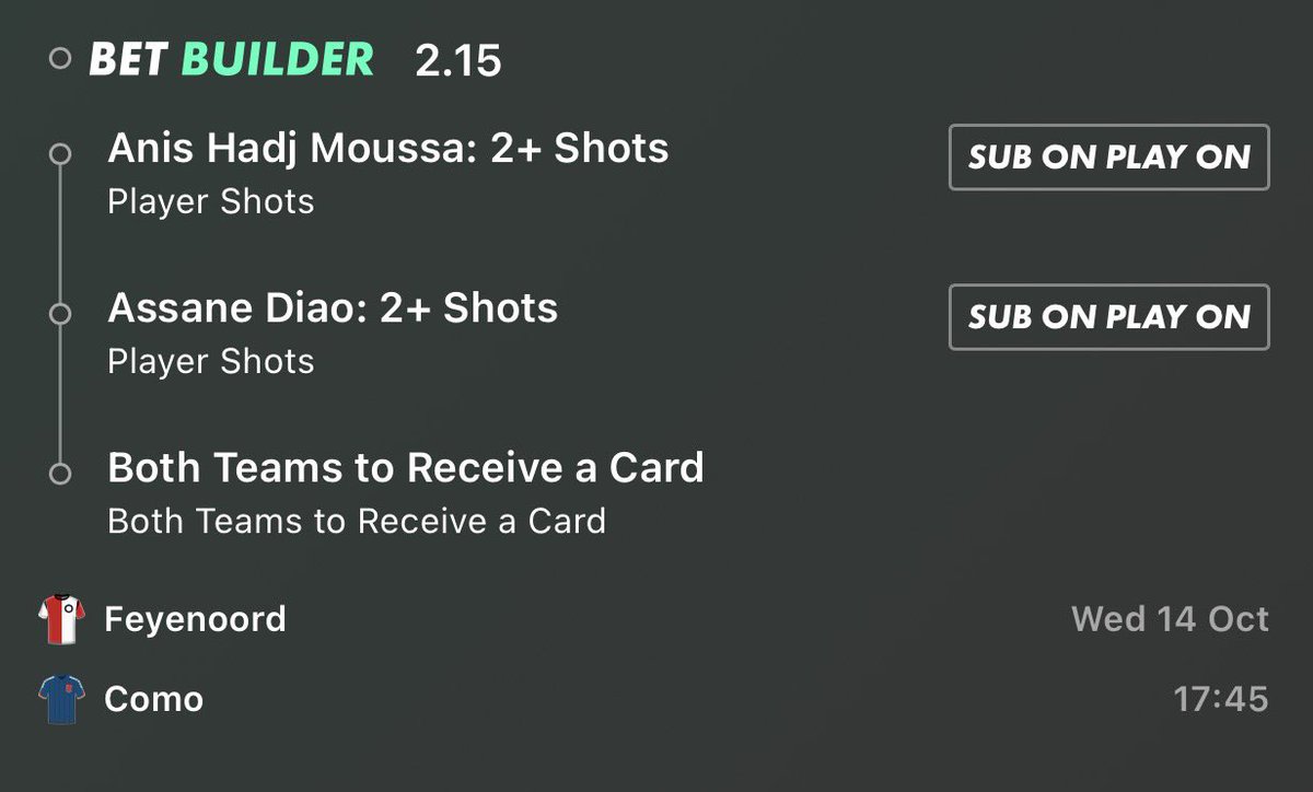 FulTimeFortune's tweet photo. 🇦🇹 LASK Linz vs Liverpool 🏴󠁧󠁢󠁥󠁮󠁧󠁿

🎯 BET BUILDER @ 2.35

Liverpool — Over 1 Goals
Bradley Barcola — 2+ Shots
Christoph Lang — 1+ Shots

Liverpool scored 3 and 4 goals across their two previous meetings with LASK, averaging 3.5 per game. That’s a strong historical return for the team goals market, although Liverpool’s recent results have been mixed and their attacking absences are worth considering.

Barcola’s 2+ shots line is the one that needs closer attention. His recent sample has been modest, averaging around 1.2 shots per appearance across his last five listed matches. His attacking role gives him opportunities to get involved, but he’ll need to increase that volume to clear the line.

Lang’s 1+ shot has the stronger statistical foundation. He’s averaging 2.0 shots per game in the Austrian Bundesliga this season and has registered at least one shot in all seven listed league appearances. His regular involvement in LASK’s attack gives this selection a reasonable route to landing.

🇳🇱 Feyenoord vs Como 🇮🇹

🎯 BET BUILDER @ 2.15 +25% winnings boost with bet365

Anis Hadj Moussa — 2+ Shots
Assane Diao — 2+ Shots
Both Teams to Receive a Card

Hadj Moussa is the standout from a shot-volume perspective. He averaged around 2.72 shots per 90 last season, rising to approximately 3.15 this campaign. He’s hit 2+ shots in each of his last five matches, recording 3, 3, 4, 2 and 4 attempts. Operating out wide in Feyenoord’s attacking system gives him opportunities to cut inside and get shots away.

Diao is the other player to watch. His role in Como’s attack gives him opportunities to get involved in the final third, and he’s already contributed goals this season. The key is whether he gets enough minutes and attacking involvement to reach two attempts. The available data doesn’t establish a reliable recent hit rate, so this is the less certain of the two player selections.

The card market adds another angle. Feyenoord’s high-intensity pressing can lead to tactical fouls when opponents break through, while Como’s possession-based approach could create plenty of competitive duels. The pre-match referee data lists an average of 4.6 yellow cards per match, which supports the possibility of bookings, although both teams need to receive at least one.

Let’s see if this land 🎯🔥

Follow @FulTimeFortune for more bet builders, stats & picks ⚽️📊
