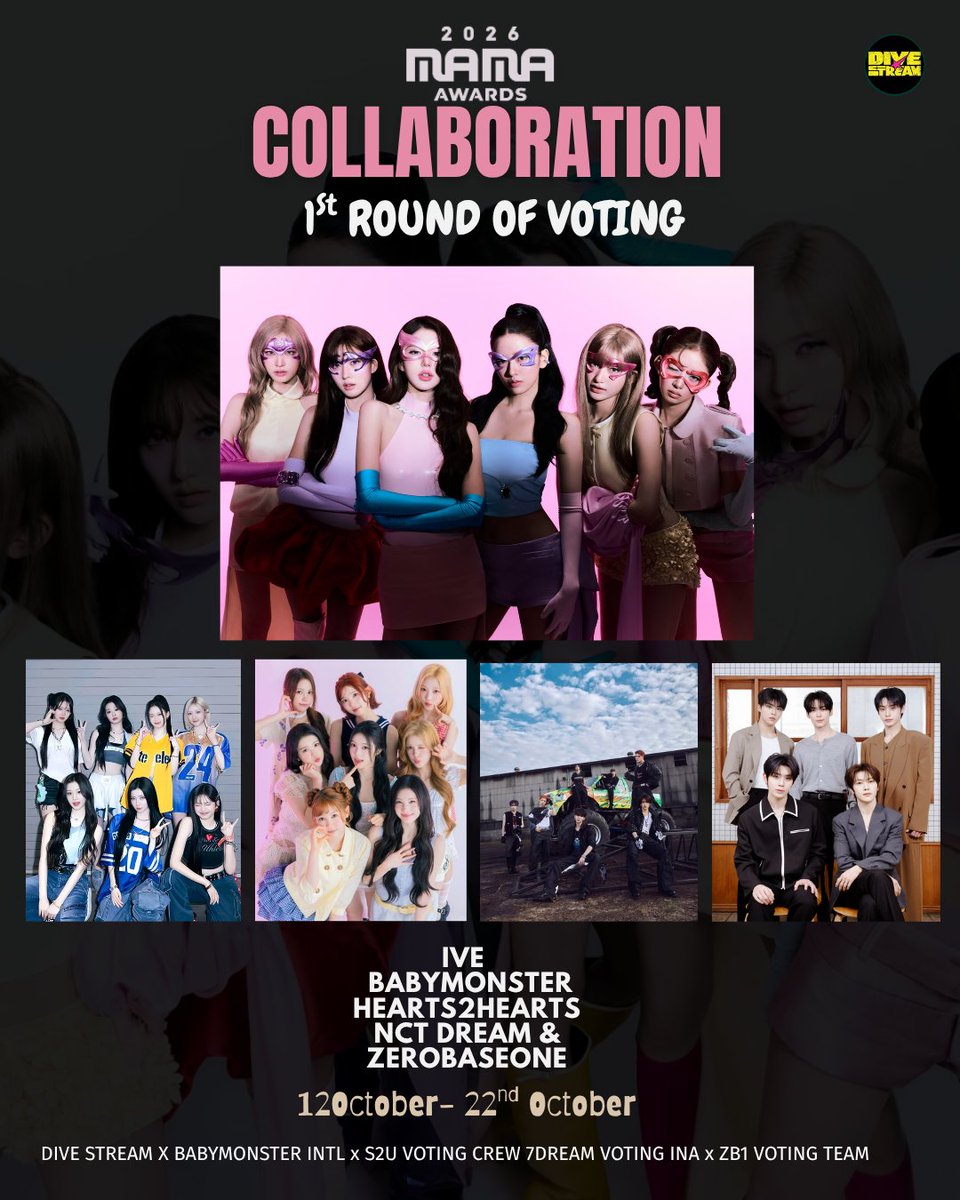 divestream_'s tweet photo. [📢] DAY 4 - MAMA Fan's Choice Voting 

Vote for IVE and our Collab artists
Female Group: BABYMONSTER, Hearts2Hearts
Male Group: NCT Dream,Zerobaseone
KCON-ZB1 

🎯500 Proofs Daily

Reply with your voting proofs OR
upload on our GDRIVE link ⤵️ 

Use the tags:
#IVE #2026MAMAVOTE https://t.co/vPCeaL7JKS