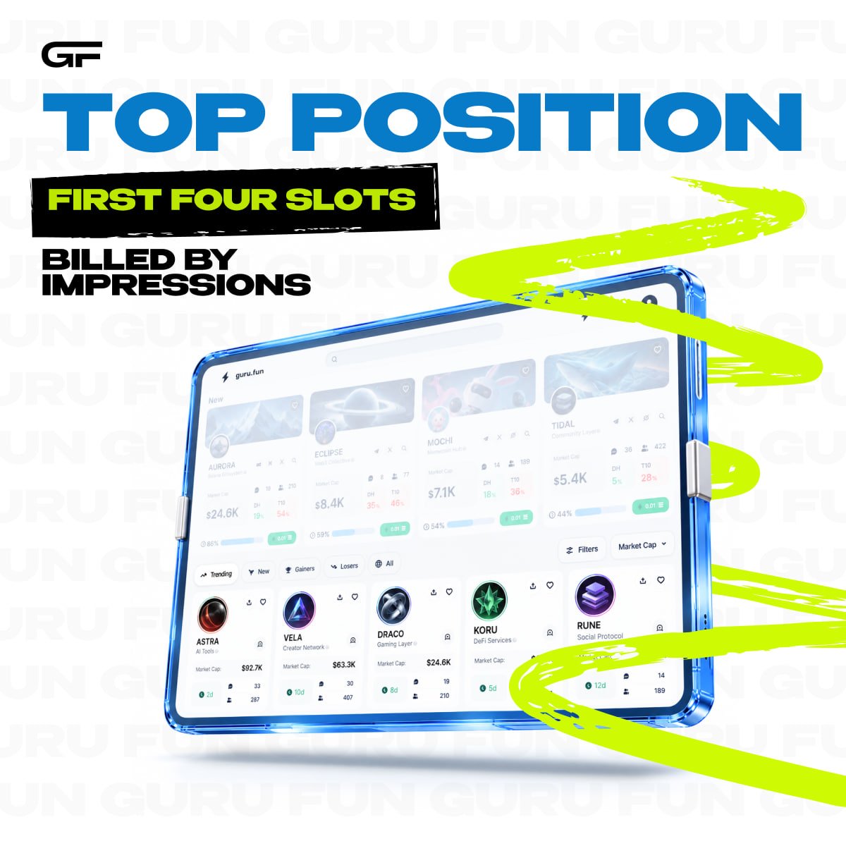 gurudotfun's tweet photo. Three ways to be seen on GuruFun:

🥇 Top Position — first four slots of your stage's list, by impressions

🖼 Banner — promotion blocks, by impressions

🔲 Card Outline — a highlighted card, by day

Per project, per stage, paid in the active Guru Token. Silver & Gold.