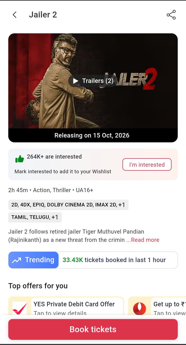cineverse_24's tweet photo. 🔥 #Jailer2 Rampage Has Begun! 🔥

33K+ Tickets Sold Hourly on BookMyShow 🚀

The Advance Booking Is On Fire! 🔥

#Jailer2 #Rajinikanth https://t.co/YdOcTlxeF7