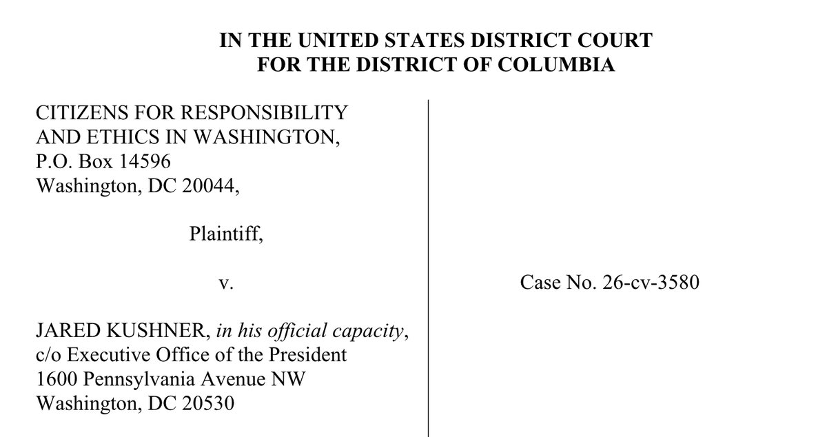 CREWcrew's tweet photo. BREAKING: We just sued Jared Kushner for unlawfully acting as one of the country's top diplomats without undergoing Senate confirmation or filing financial disclosures.

It’s abundantly clear that he should be blocked from performing this outsized role: https://t.co/tYtwh8qvoB https://t.co/LRwGtDtn0T