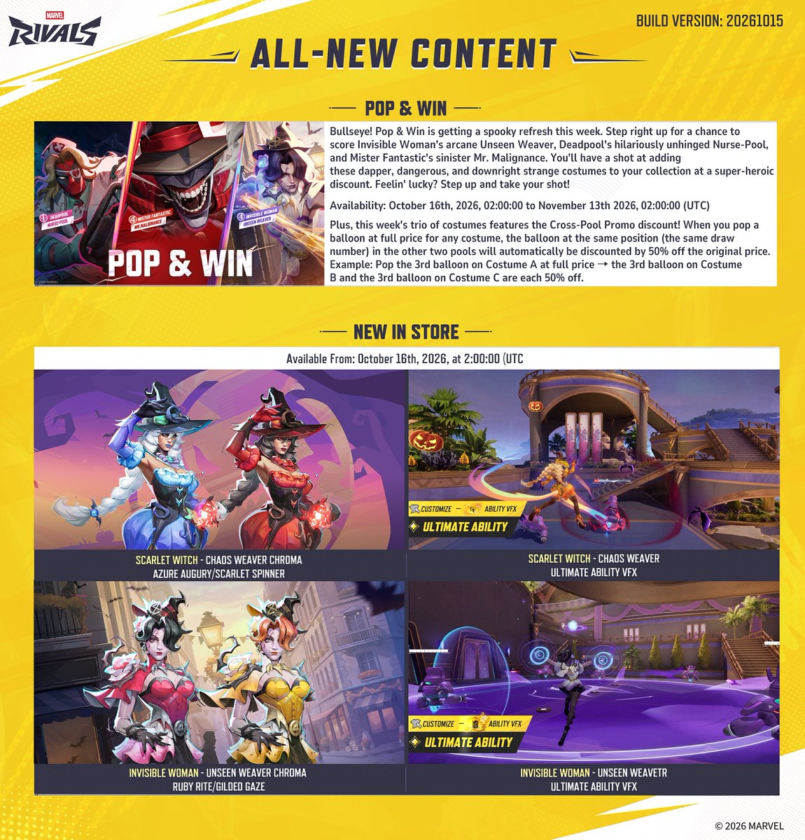 MarvelRivals's tweet photo. A new patch 20261015 is arriving, Rivals! 🛠️

Read all about the latest updates, tweaks, and new content heading your way now! 

Check out the full patch notes here >> https://t.co/HKKyxflAFJ

The battlefield looms with mysteries this Halloween season, keep igniting the spark! https://t.co/UXnPeGVwT5