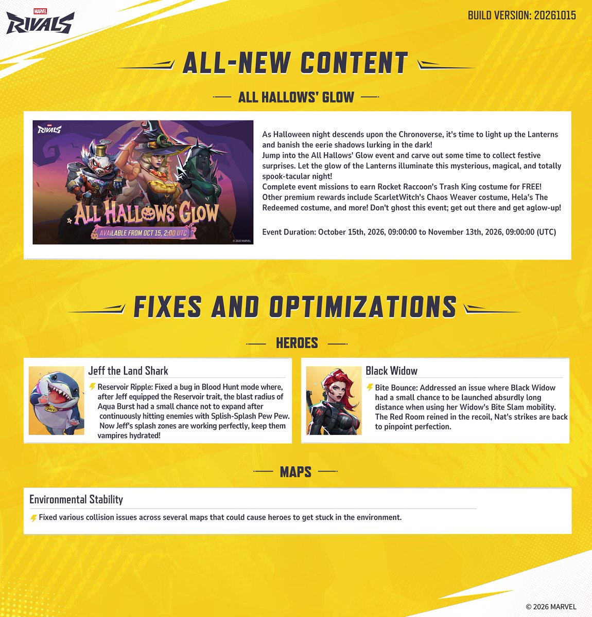MarvelRivals's tweet photo. A new patch 20261015 is arriving, Rivals! 🛠️

Read all about the latest updates, tweaks, and new content heading your way now! 

Check out the full patch notes here >> https://t.co/HKKyxflAFJ

The battlefield looms with mysteries this Halloween season, keep igniting the spark! https://t.co/UXnPeGVwT5