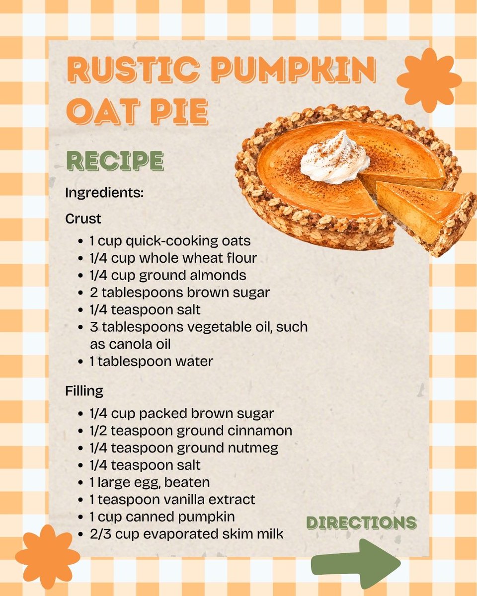 PIHHealth's tweet photo. Celebrate National Dessert Day with a fall favorite! This crunchy pumpkin pie pairs a creamy pumpkin filling with warm cinnamon and nutmeg, and a crunchy crust made with oats, whole wheat flour, and ground almonds.

It’s a delicious way to enjoy the flavors of the season!

Ingredients
Crust:
• 1 cup quick-cooking oats
• 1/4 cup whole wheat flour
• 1/4 cup ground almonds
• 2 tablespoons brown sugar
• 1/4 teaspoon salt
• 3 tablespoons vegetable oil, such as canola oil
• 1 tablespoon water 
Filling:
• 1/4 cup packed brown sugar
• 1/2 teaspoon ground cinnamon
• 1/4 teaspoon ground nutmeg
• 1/4 teaspoon salt
• 1 large egg, beaten
• 1 teaspoon vanilla extract
• 1 cup canned pumpkin
• 2/3 cup evaporated skim milk 

Directions
1.Preheat oven to 425 F.
2.Combine oats, flour, almonds, brown sugar, and salt. Whisk oil and water together, then add to the dry ingredients and mix well.
https://t.co/0EAvyj0adJ the crust evenly into a 9-inch pie pan. Bake for 8–10 minutes, or until lightly browned. Reduce oven temperature to 350 F.
4.For the filling, combine brown sugar, cinnamon, nutmeg, and salt. Mix in the egg and vanilla, then stir in pumpkin and evaporated milk.
5.Pour filling into the prepared crust. Bake for about 45 minutes, or until a knife inserted near the center comes out clean.
6.Allow to cool before slicing. 

Serves 9.
Nutrition per serving: 169 calories | 7 g fat | 24 mg cholesterol | 207 mg sodium | 22 g carbohydrates

#NationalDessertDay #PumpkinPie #HealthyRecipes #PIHHealth