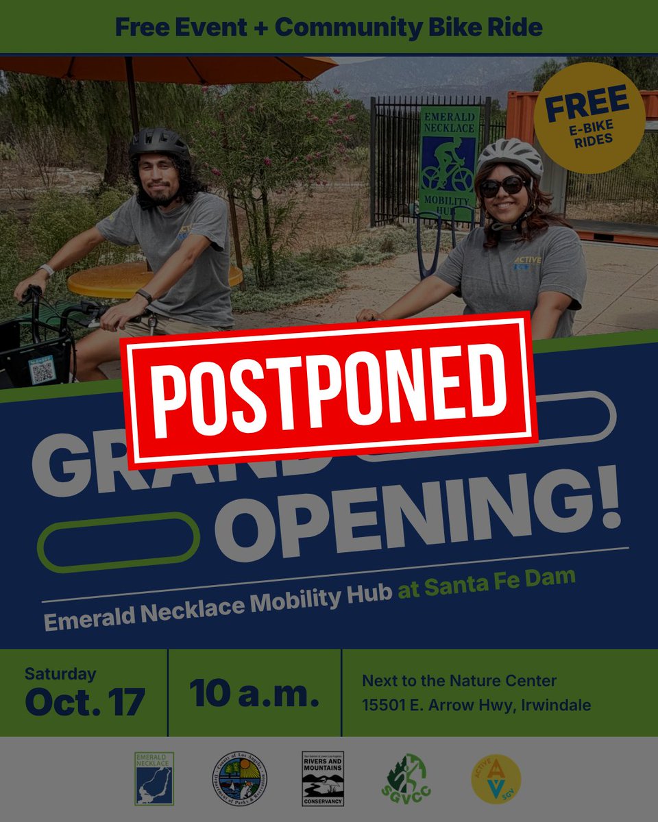 ActiveSGV's tweet photo. Change of plans! The Emerald Necklace Mobility Hub Grand Opening on Sat., Oct. 17, is postponed. 🚲 Good news! The hub at Santa Fe Dam is still open for free 90-minute e-bike rentals on weekends! https://t.co/KX2mCou4Eu https://t.co/AUefsFzyMC