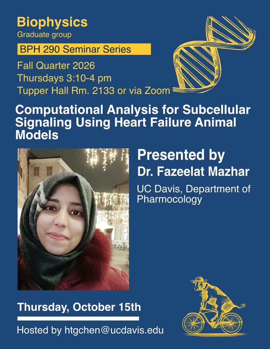 UCD_BPH's tweet photo. Join us Tomorrow (10/15) at 3:10pm (Tupper 2133 + Zoom) for our next Biophysics seminar! Dr. Fazeelat Mazhar, postdoc in the Morotti Lab, presents “Computational Analysis for Subcellular Signaling Using Heart Failure Animal Models.” 🫀💻 https://t.co/o6LjQPEwg7