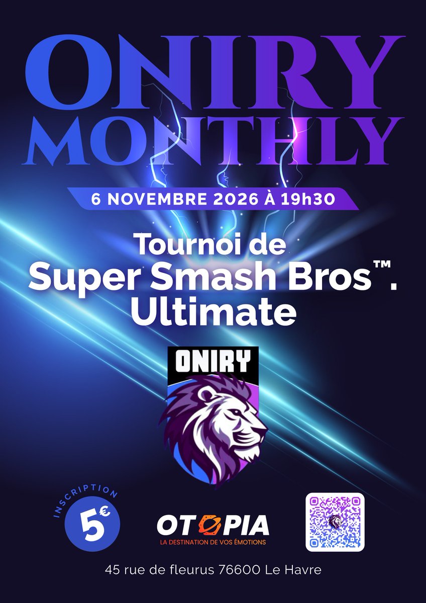 AssoOniry's tweet photo. Oniry fait notre retour sur Smash Bros !  
Premier tournoi avant le lancement de notre circuit monthly debut 2027, on aura l'occasion de vous en reparler plus tard. 
📌45 Rue de Fleurus, 76600 Le Havre ( Otopia ) 
🔗 Start gg pour s'inscrire en commentaire ! 
⬇️⬇️⬇️⬇️⬇️ https://t.co/AeICeIfRXg