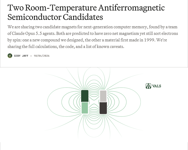 Dr_Singularity's tweet photo. This is important

Probably way more important than the math singularity that's already happening.

Physics Singularity is taking off

these 2 very important discoveries are just from the last week or so, there are MANY more

1. AI agents just found two room temperature magnetic semiconductor candidates

"In 3 days, 90+ Opus 5.5 agents helped us uncover two room-temperature magnetic semiconductor candidates in simulations: YBaMnFeO₅ and KV[Cr(CN)₆]."

One candidate remained magnetically ordered up to 376 K (103°C) experimentally.

2. Google’s Gemini 4 agents helped crack an open problem in plasma physics, proposing new exact solutions for 3D magnetic plasma configurations, with promising candidates appearing within hours

A tsunami of AI driven physics discoveries is coming.

The world is going to change in ways most people can’t even imagine. What looks like Star Trek technology today will become everyday life soon.

It's going to be amazing.

links below