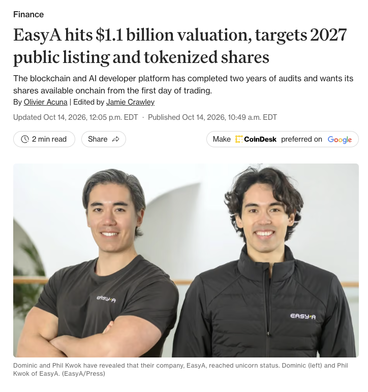CoinDesk's tweet photo. EasyA, a platform for building blockchain and artificial intelligence applications, received an independent valuation of $1.1 billion as it prepares for a direct listing in the first half of next year.

@OllieCoinDesk reports. https://t.co/DsZu12FUia