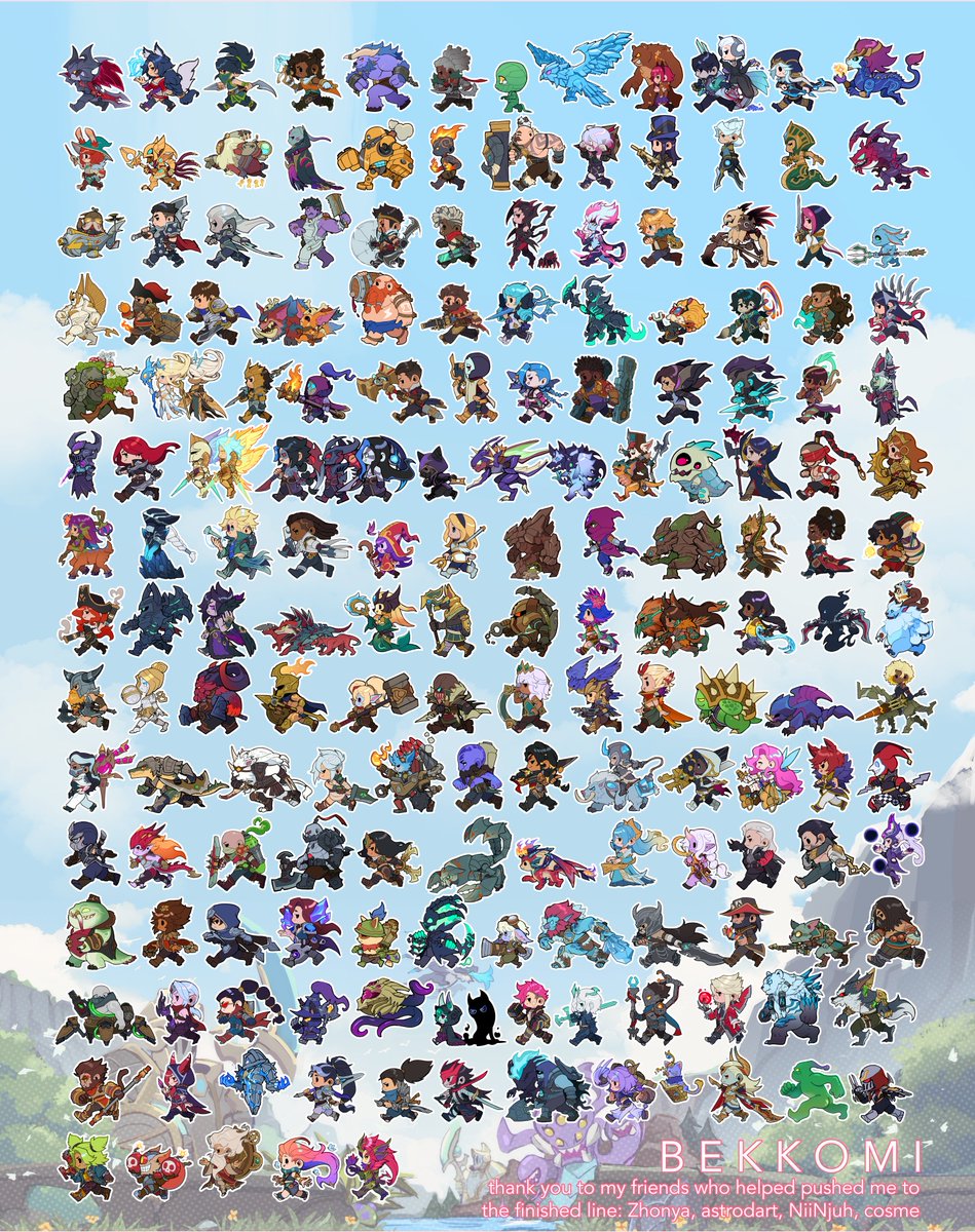 bekkomi's tweet photo. We got all the legends on the run! Every single champion from League of Legends is finally done!!! 
Thank you to my friends who helped me push through to the finish line! Couldn't have done it without y'all! <3 https://t.co/fbkGbF6fi5
