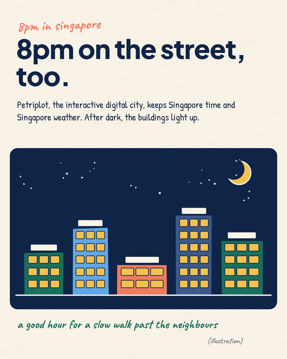petriplot's tweet photo. 8pm in Singapore, and the street has gone dark.

Petriplot, the interactive digital city, keeps Singapore time and Singapore weather. Sun down here, sun down there. After dark, the buildings light up.

A good hour for a slow walk past the neighbours. https://t.co/56lyRnFc88
