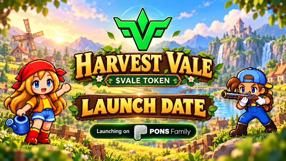 HarvestValeGame's tweet photo. HARVEST VALE LAUNCH DATE 

October 16, 2026 | 3:00 PM UTC

VALE officially launches on PONS Family, built on Robinhood Chain.

Join our Telegram for official launch updates and announcements:
https://t.co/dGshhK0hNH

Please stay alert before launch.
VALE is not live yet, so only trust information shared through our official channels and avoid any unofficial or fake contracts.