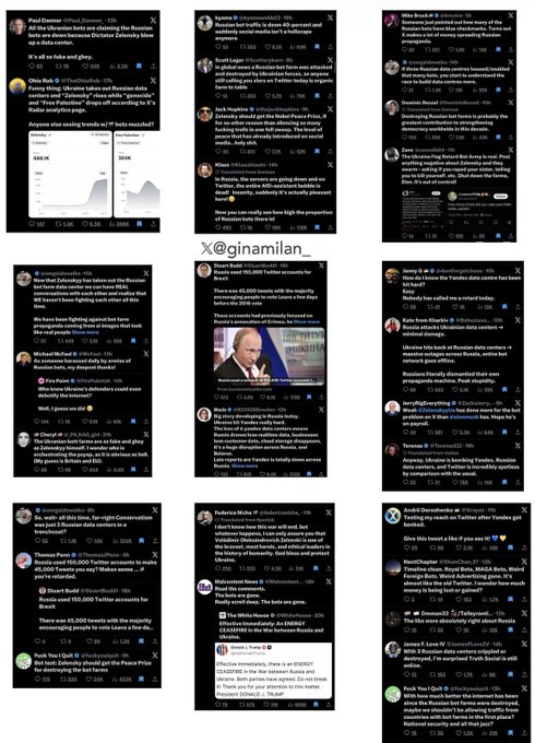 A collage of X/Twitter posts from various accounts including Paul Sperry, Zlatti71, Rex Murphy, and others discussing Russia, Zelenskyy, Elon Musk, and Donald Trump, with the central username "@ginamilian_" highlighted. The image illustrates the post's claim about coordinated propaganda efforts, showing multiple accounts engaging with similar narratives about Ukraine, Russia, and Russian disinformation related to public figures like Trump and Musk.