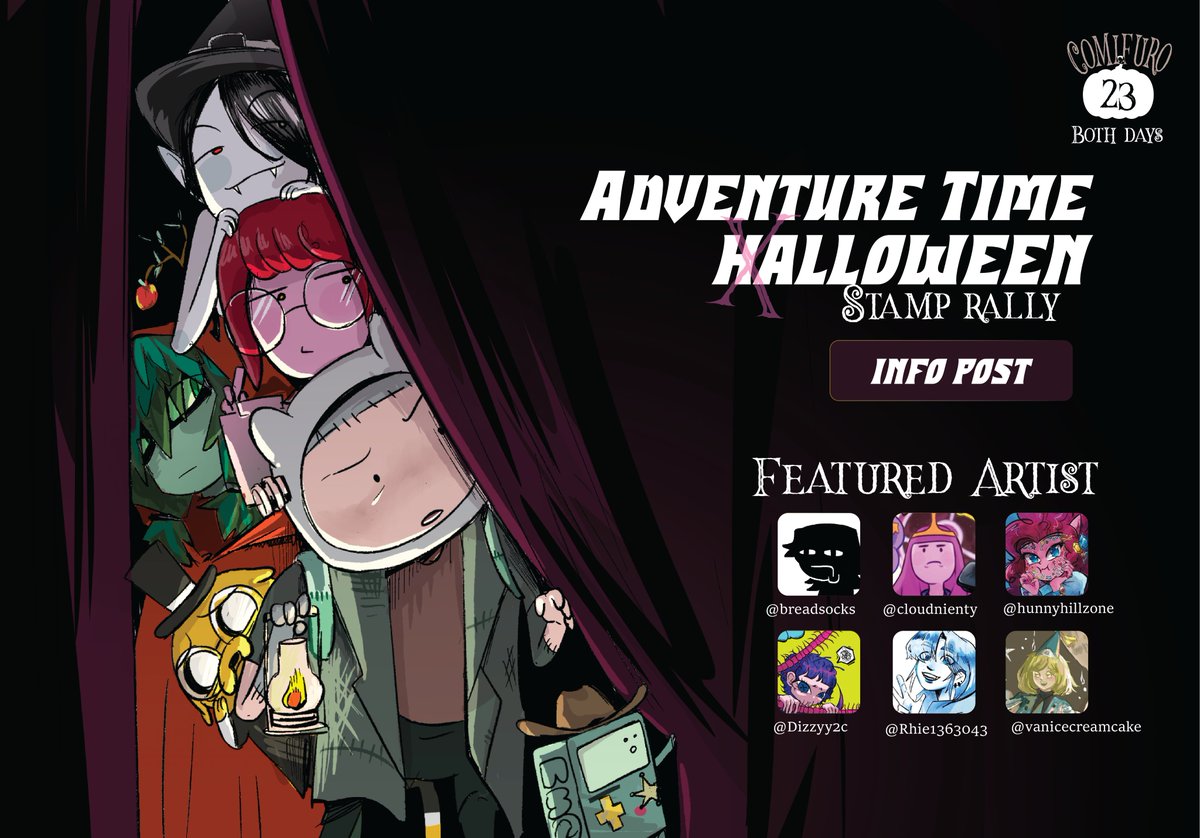 Rhi3E's tweet photo. 🦇 ݁HAPPY HAPPY Halloween!!!🦇 ݁˖ִ
Adventure Time x Halloween Stamp Rally [INFO POST]!!!

Featuring our amazing artists 🥁
✦ @cloudnienty 
✦ @breadsocks_ 
✦ @Dizzyy2C
✦ @Rhie1363043 
✦ @vanicecreamcake 
✦ @ HunnyHillZone [IG]

#Comifuro23 #StampRally #Adventuretime (1/3) https://t.co/GTkd26DkXC