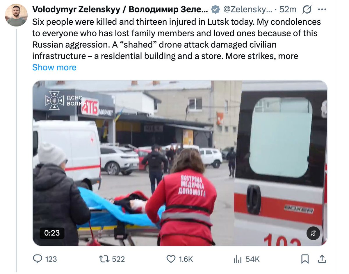 EthanLevins2's tweet photo. Zelensky's bots have been turned off, as he ONLY receives 54,000 views on his X post today. 

Typically, he gains 1M or more when he posts.

ONLY 123 comments also... Starlink really did run Ukraine's bot farms. https://t.co/A6QovqsHke