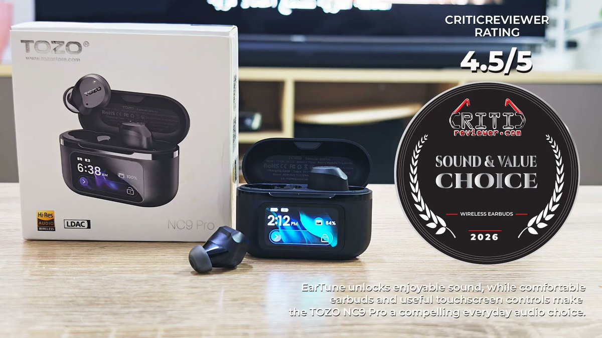 ReviewerCritic's tweet photo. EarTune made the difference. π§ My TOZO NC9 Pro review covers enjoyable sound, comfortable fit, ANC and touchscreen controls. Rated 4.5/5.
https://t.co/16DnNRBTal
#TOZO #TOZONC9Pro #UAE https://t.co/fmOben2xJg