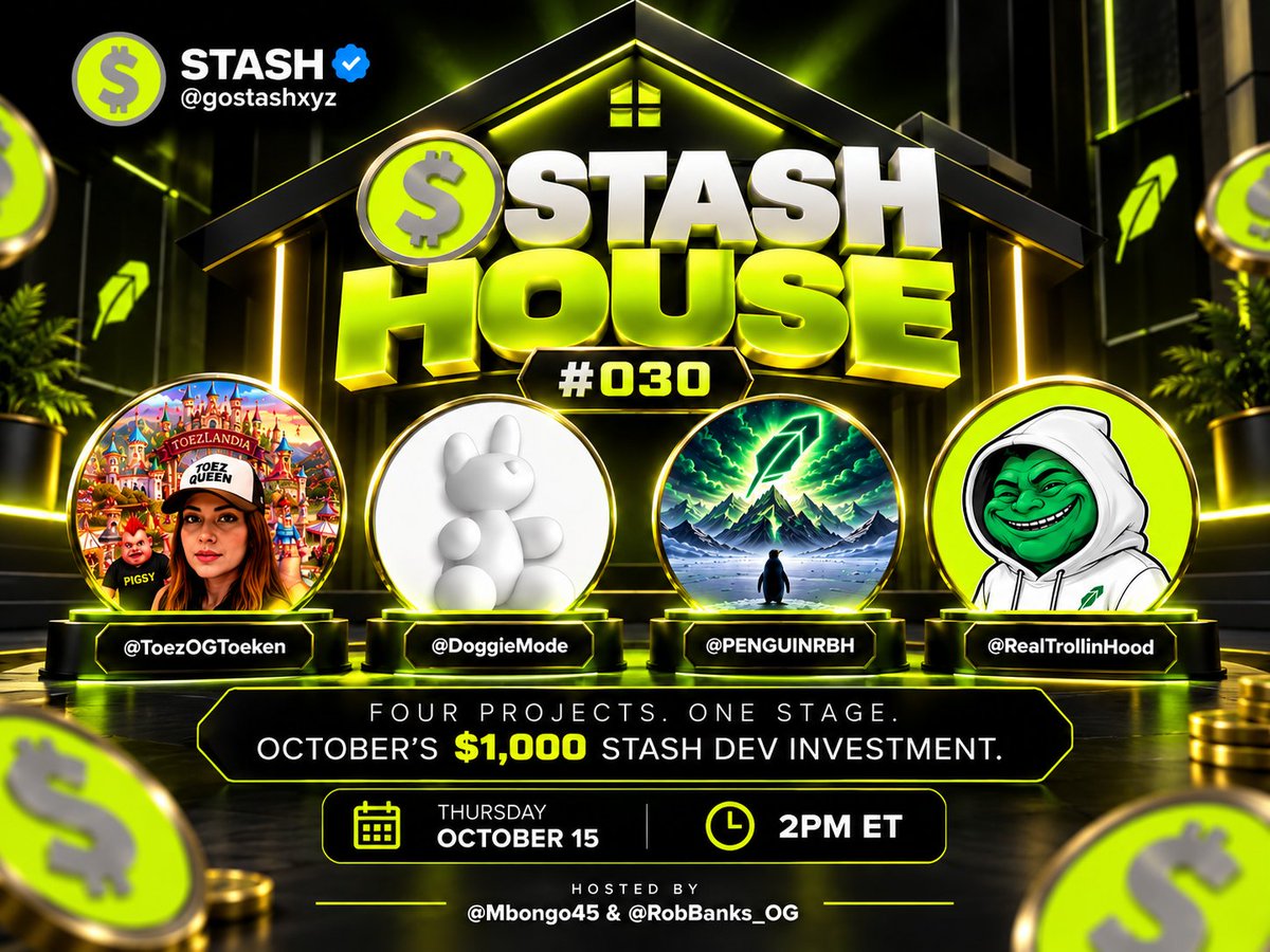 gostashxyz's tweet photo. 🏠 THE STASH HOUSE #030 LINEUP IS HERE!

Four projects. One House. 
One $1,000 investment from the STASH Dev. 

Meet this month’s contenders:

 @ToezOGToeken
 @DoggieMode
 @PENGUINRBH
 @RealTrollinHood

Tomorrow, it's their turn to step up, make their pitches, and show the community why their projects deserve the spotlight.

📅 Thursday, October 15
⏰ 2PM ET

✅ Follow @gostashxyz, @Mbongo45 & @RobBanks_OG
✅ Like & RT
✅ Show up and join the conversation!

 🔗https://t.co/k1GBmOntEA

👇 Which project has your attention? Tag them below!