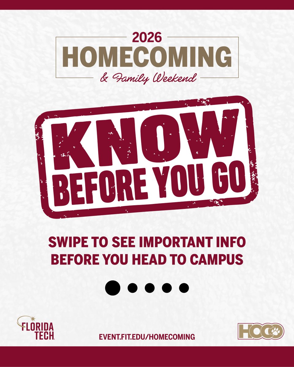 AlumniFLTech's tweet photo. 🐾 Homecoming is just ONE WEEK away, Panthers!

Before you arrive, check out our Know Before You Go Guide for important information on campus navigation, event registration, Florida Tech Bookstore merchandise, alumni-owned businesses in Melbourne, and more. https://t.co/HIU6mzWiHa