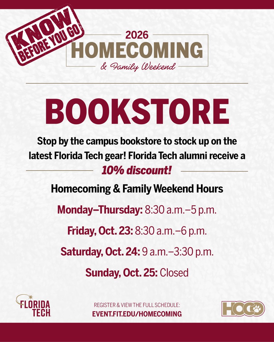 AlumniFLTech's tweet photo. 🐾 Homecoming is just ONE WEEK away, Panthers!

Before you arrive, check out our Know Before You Go Guide for important information on campus navigation, event registration, Florida Tech Bookstore merchandise, alumni-owned businesses in Melbourne, and more. https://t.co/HIU6mzWiHa