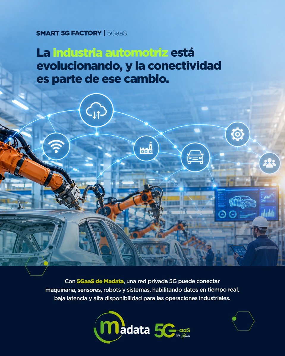 madata_IT's tweet photo. 🚗📡 La industria automotriz evoluciona con la conectividad. 
Con 5GaaS de Madata, conecta maquinaria, sensores, robots y sistemas con datos en tiempo real, baja latencia y alta disponibilidad. Impulsa automatización, IoT e Industria 4.0. https://t.co/N83GJdnZUd