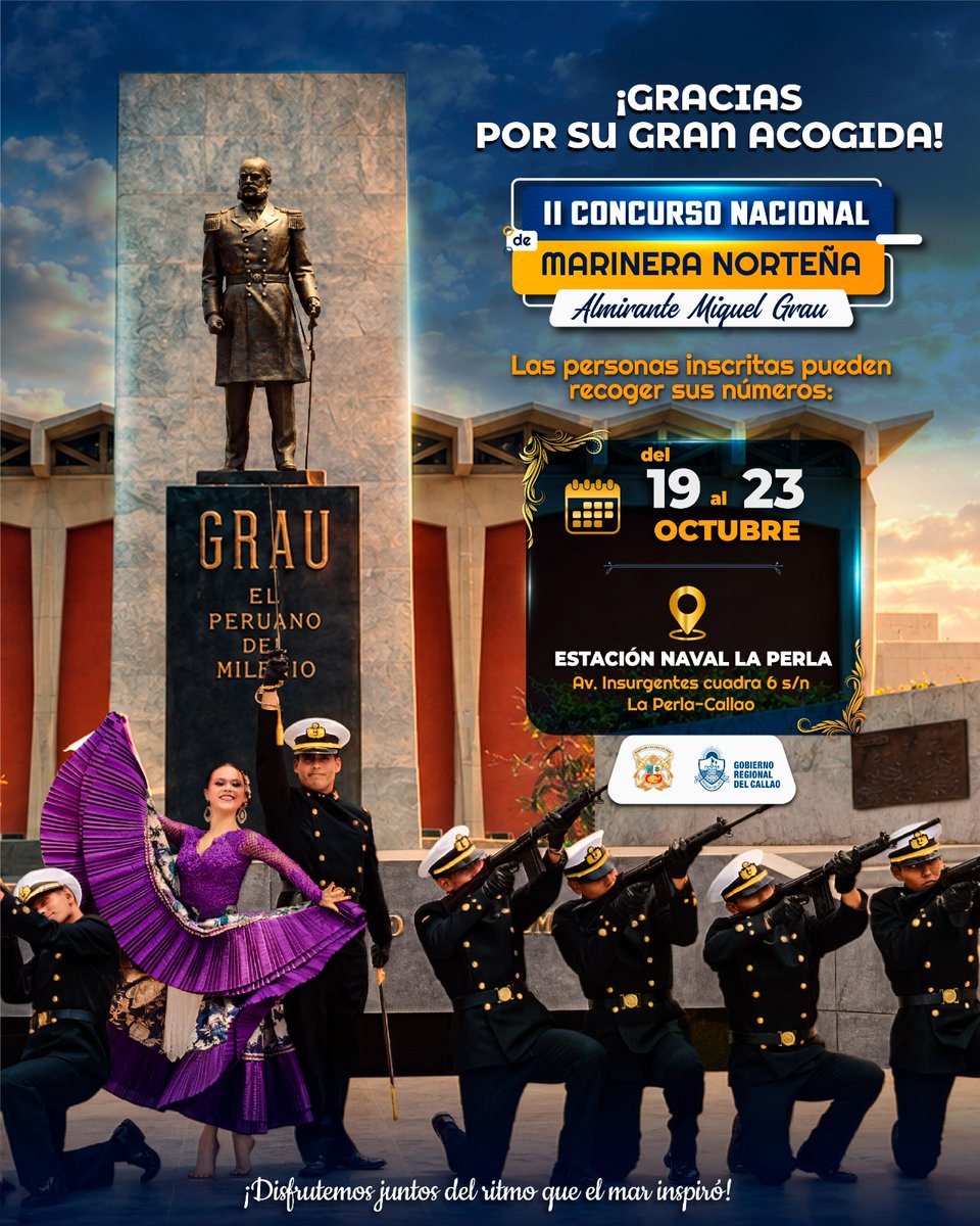 naval_peru's tweet photo. ¡Gracias por la gran acogida! El II Concurso Nacional de Marinera Norteña “Almirante Miguel Grau” se realizará el 24 de octubre. Inscritos: recojan su número de participación del 19 al 23 de octubre en la Estación Naval La Perla, Av. Insurgentes, cuadra 6 s/n, Callao. ¡A bailar! https://t.co/PqL5Ba30zT
