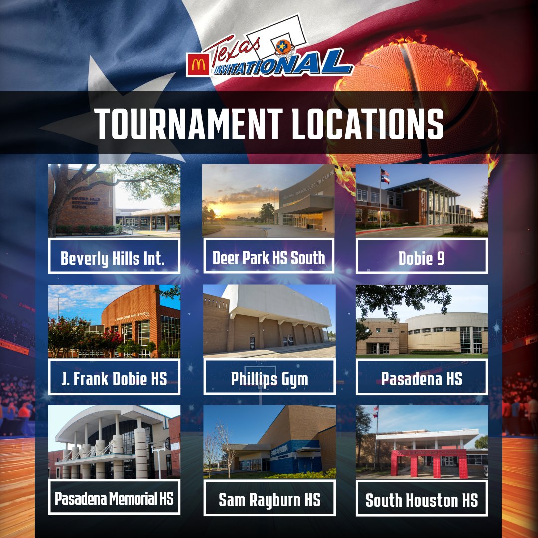 TXInvitational's tweet photo. The McDonald's Texas Invitational is coming up fast! Check out our game locations and start planning your tournament weekend!🏀 
Use this link to find the locations on Google maps: https://t.co/VU7oMfDcdg https://t.co/7lWkYdYzOL