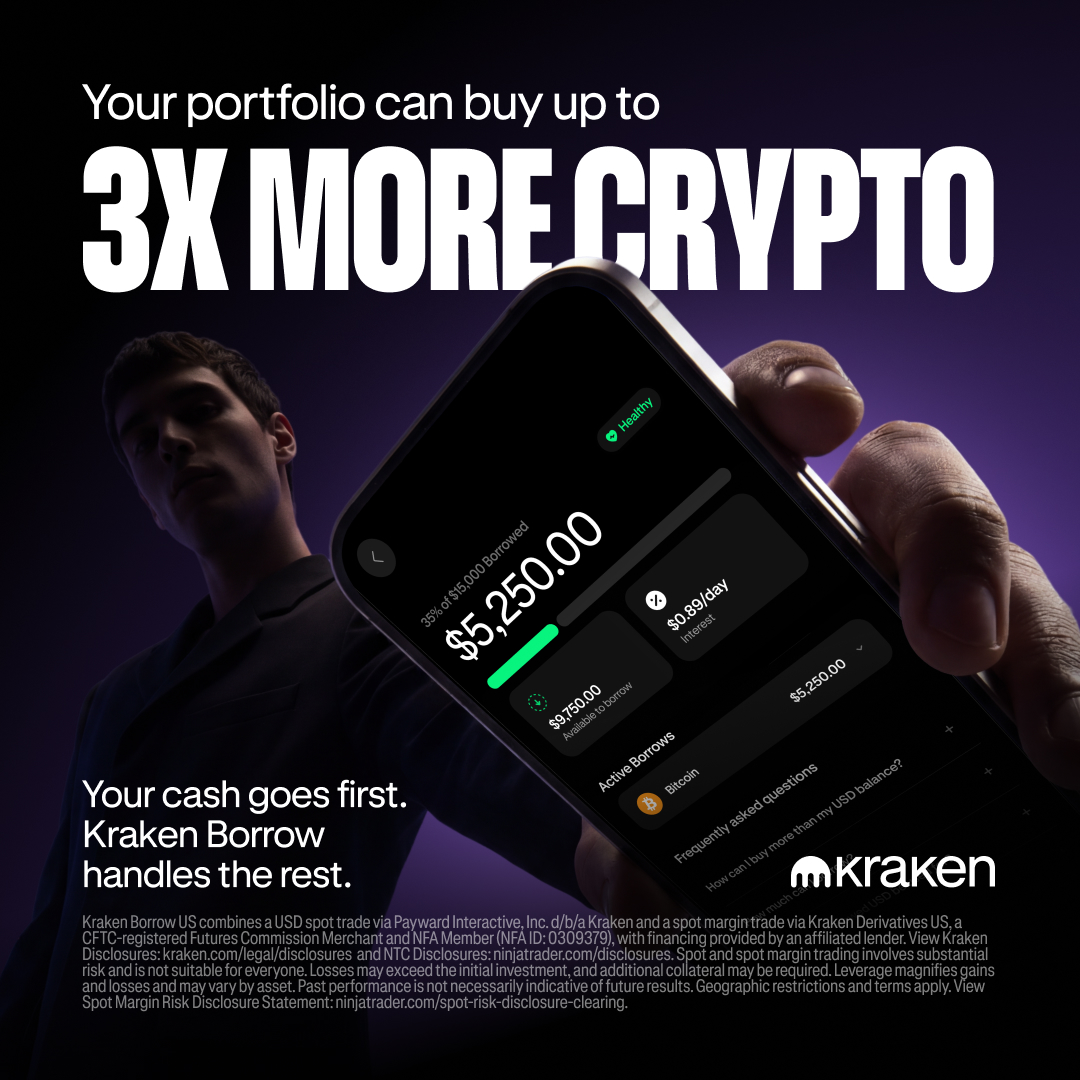 krakenfx's tweet photo. More buying power. With the assets you already hold.

Eligible U.S. clients can buy up to 3x the value of their eligible assets with Kraken Borrow.

See your buying power ⤵️
https://t.co/lW3S94yG9Y https://t.co/4N3aGseVng