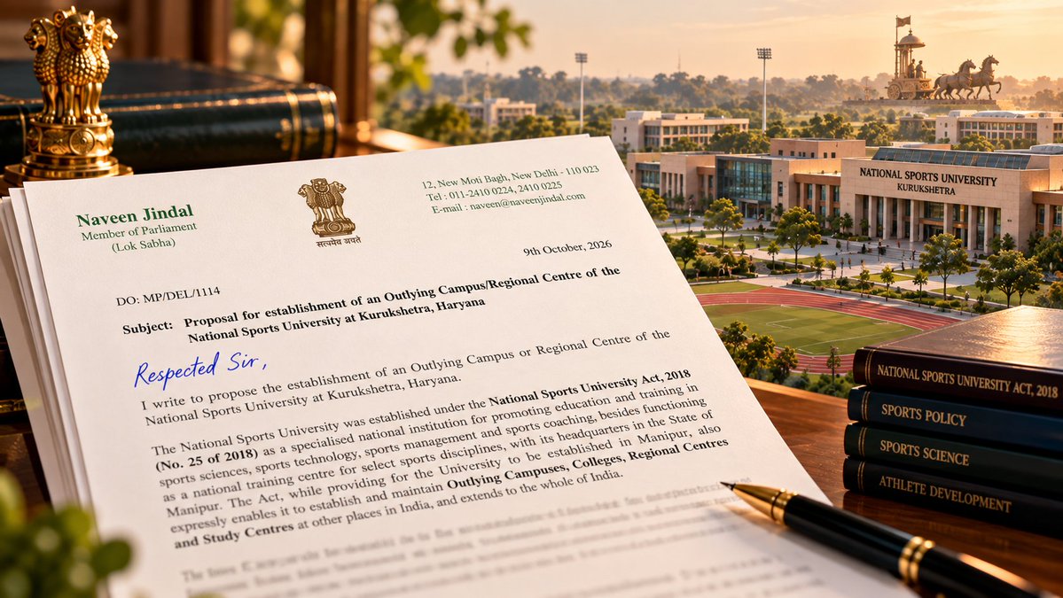 MPNaveenJindal's tweet photo. So here is the proposal I have placed before the Ministry:

An Outlying Campus / Regional Centre of the 𝐍𝐚𝐭𝐢𝐨𝐧𝐚𝐥 𝐒𝐩𝐨𝐫𝐭𝐬 𝐔𝐧𝐢𝐯𝐞𝐫𝐬𝐢𝐭𝐲 𝐚𝐭 𝐊𝐮𝐫𝐮𝐤𝐬𝐡𝐞𝐭𝐫𝐚, 𝐇𝐚𝐫𝐲𝐚𝐧𝐚.

This needs no new law. Section 5(1)(v) of the National Sports University Act, 2018 already empowers the University to establish regional centres anywhere in India.

The framework exists. What it needs is a decision.