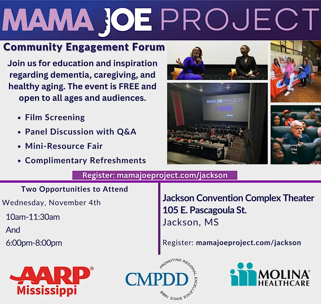 AARPMS's tweet photo. Don’t miss My Mama Joe in Jackson! A free film screening offering two sessions, focused on caregiving, dementia awareness, and support resources at the Jackson Convention Theater. 
Reserve your spot: https://t.co/tvHdlYb6ah
#Caregiving #HealthyAging #BrainHealth https://t.co/f5N5VoRIkM