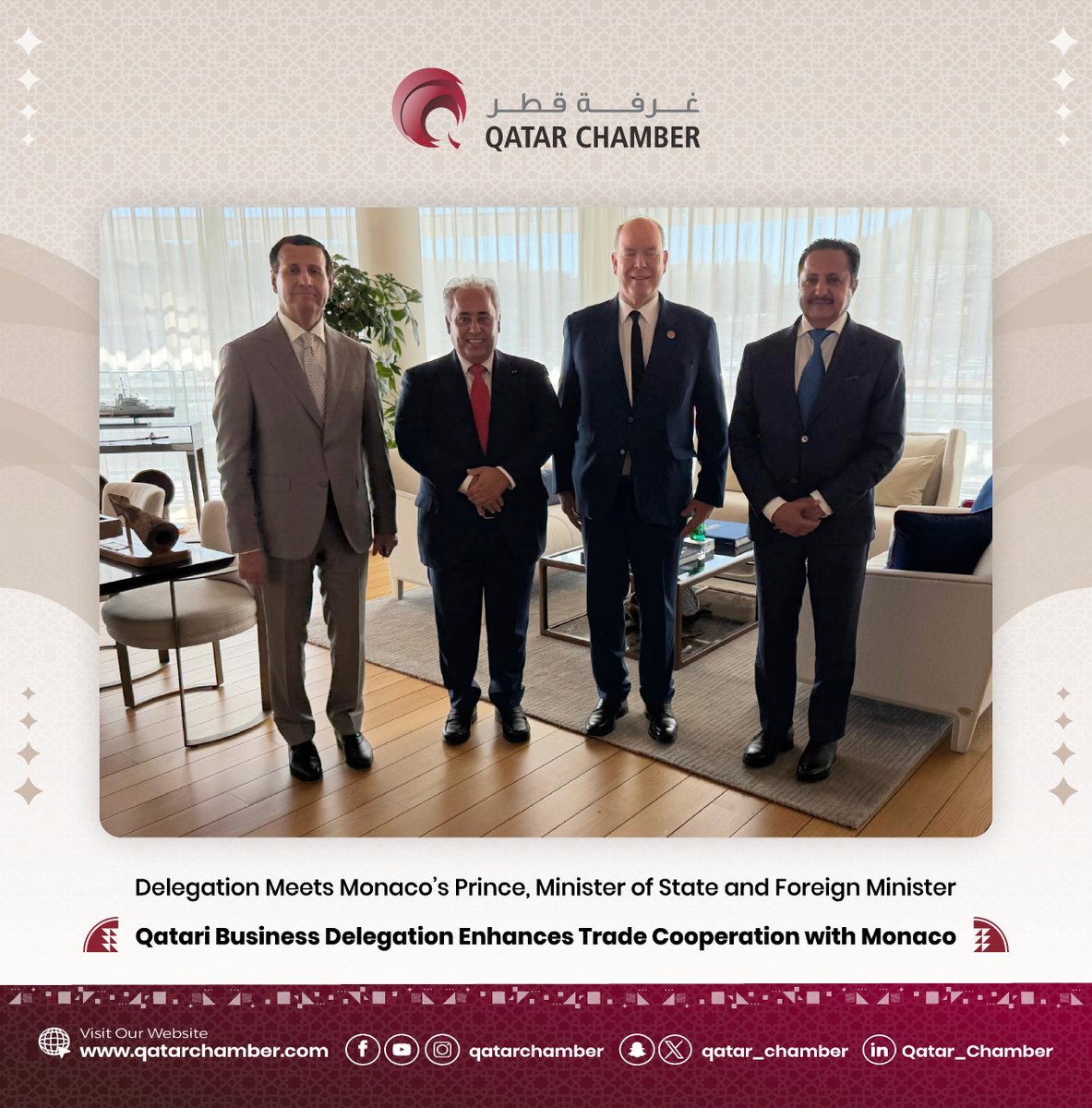 Qatar_Chamber's tweet photo. Led by H.E. Sheikh Khalifa bin Jassim bin Mohammed Al Thani, Chairman of the Qatar Chamber, and H.E. Sheikh Hamad bin Faisal Al Thani, Board Member of the Qatari Businessmen Associationو and attended by H.E. Sheikh Ali bin Jassim Al Thani, Qatar’s Ambassador to France and Monaco, a Qatari business delegation representing around 20 companies visited Monaco to explore opportunities to strengthen trade and investment cooperation. The delegation included Dr. Khalid bin Klefeekh Al-Hajri, a board member of the Qatar Chamber. The visit included meetings with the Prince of Monaco and senior officials to explore partnerships across various sectors and enhance engagement between the two business communities

https://t.co/ksRCFuTrxt

#QatarChamber #Qatar #Monaco #QatarMonaco #BusinessDelegation #TradeCooperation #Investment #BusinessPartnerships #PrivateSector #EconomicCooperation #InternationalTrade #Finance #RealEstate #Tourism #Hospitality #MaritimeServices