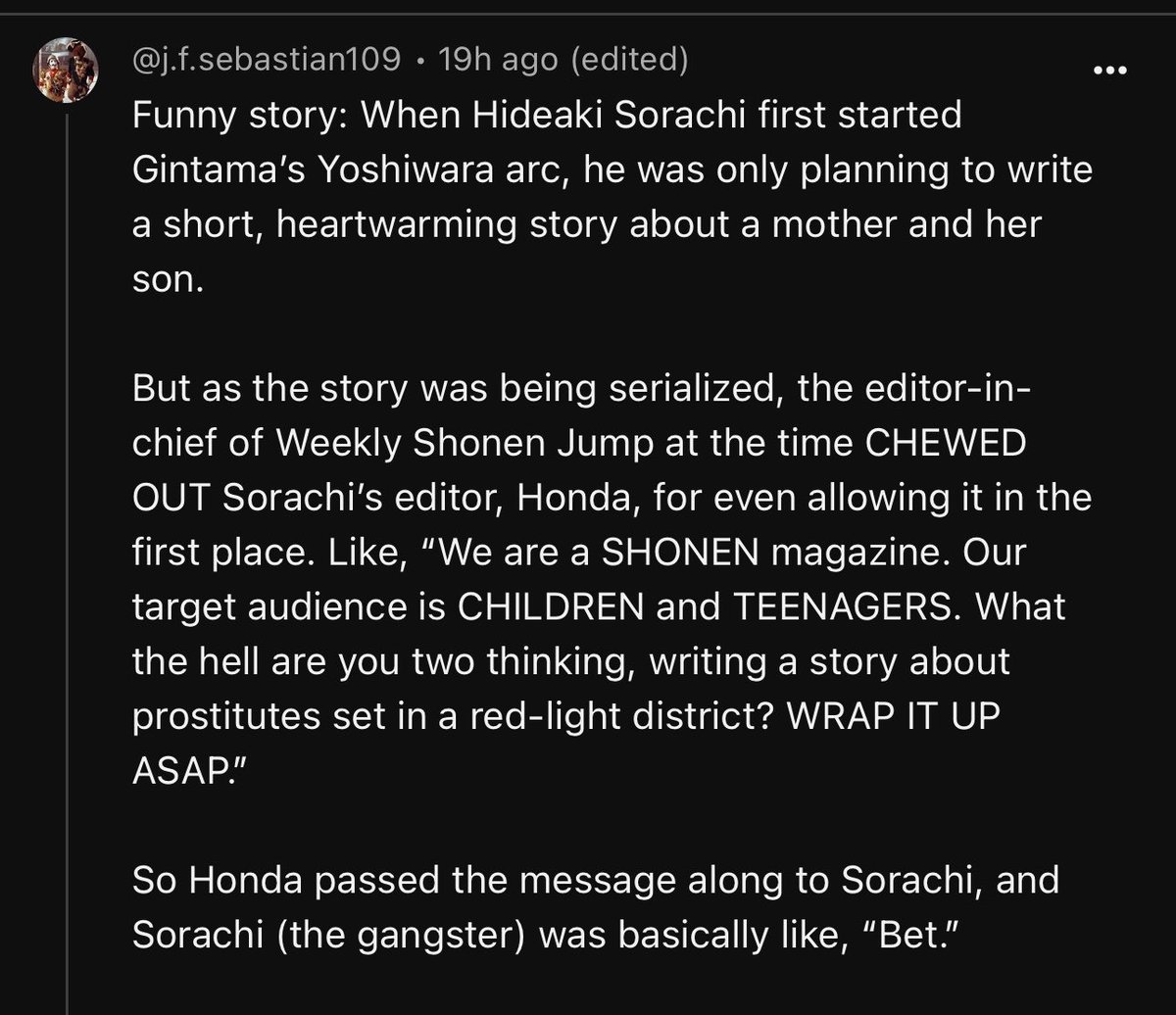 lianlianfafa's tweet photo. gintama revolutionized shounen jump &amp; influenced newer works in a way that allows more creative freedom 🙂‍↕️ if it weren’t for sorachi, modern battle shounen would’ve been unable to tackle sensitive mature topics or to subvert standard battle shounen expectations https://t.co/PIfuxdmAjR