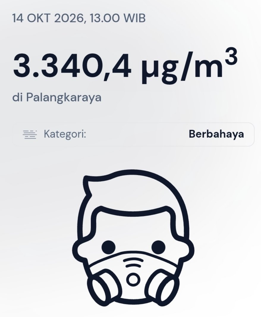 infoPLK's tweet photo. Selama 3 bulan Palangka Raya diterjang kabut asap, hari ini rekor tertinggi nilai PM2,5 di Palangka Raga tercatat pada aplikasi BMKG. Jam 13 siang tadi tercatat PM2,5 berada di angka 3.340.

Dihirup sesak. Gak dihirup meninggoy. https://t.co/2XiSK9cPdz