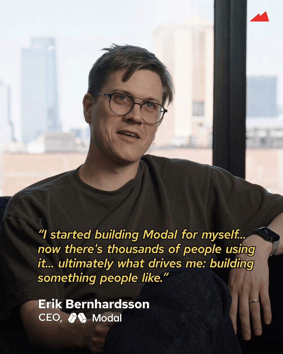 Redpoint's tweet photo. Congratulations to @bernhardsson, @akshat_b, and the entire @modal team on their $750M Series D! We’re honored to continue our partnership.

Erik started Modal to solve his own problem. While building Spotify’s music recommendation system, he found that roughly 90% of the work went into the infrastructure underneath it rather than the system itself. So he set out to build the infrastructure layer he wished he’d had, with its own file system, container runtime, scheduler, and networking on a capacity pool that spans 20+ clouds. Thousands of developers now use Modal, and Erik is still driven by the same thing that got him started: “building something that people like.”

We first reached out to Erik years before investing, after his post on the future of the cloud went viral on Hacker News. Having partnered with Erik and Akshat since their Series A and doubling down in every round since, we’ve seen how early they spot what developers will need next. Today, Modal has crossed $1B in run-rate, more than tripling in the five months since their Series C and growing over 15x year over year.

We’re excited to keep backing Erik, Akshat, and the Modal team as they build high-performance AI infrastructure for the next generation of software 💚