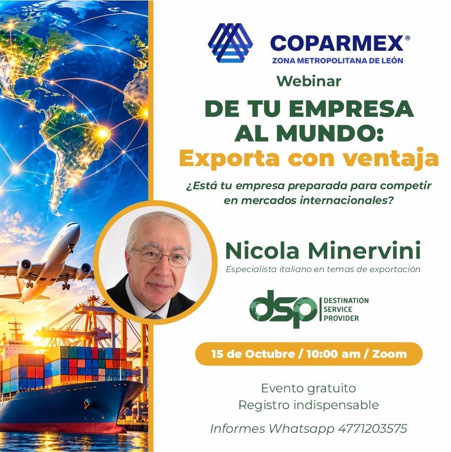 cicegGTO's tweet photo. @CoparmexZMLeon y Destination Service Provider (DSP) te invitan a nuestro Webinar gratuito “De tu empresa al mundo: Exporta con ventaja”.

🎟️ Evento gratuito | Registro  https://t.co/skgyJgiq1W https://t.co/oUk8iSkCcs