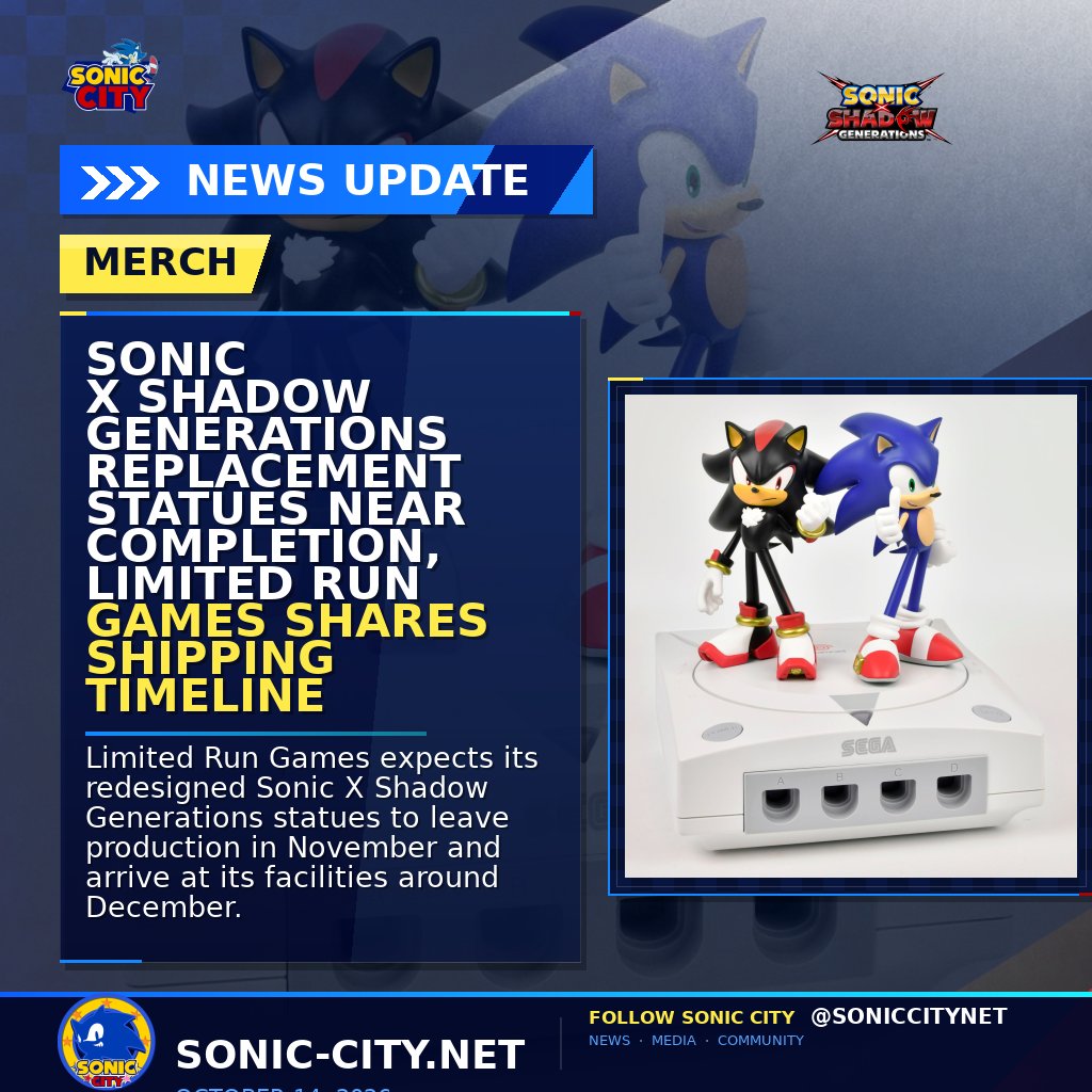 soniccitynet's tweet photo. UPDATE: 🗿 Limited Run Games expects the redesigned Sonic X Shadow Generations statues to leave the factory in November and reach its facilities around December.

Customer shipping follows afterward. No delivery date is confirmed.

Article in the replies!

#SonicNews https://t.co/QxRCEuZAd3