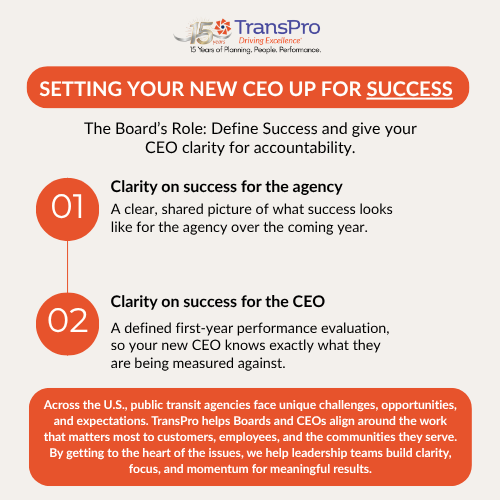 TransProConsult's tweet photo. PART 1: The final stretch of our Challenge to Boards Campaign is Setting Your CEO up for Success.

We partner with transit boards and new CEOs to define success, align leadership, and establish clear performance expectations from day one. Let’s set your new CEO up for success! https://t.co/GJdihtZ3C4